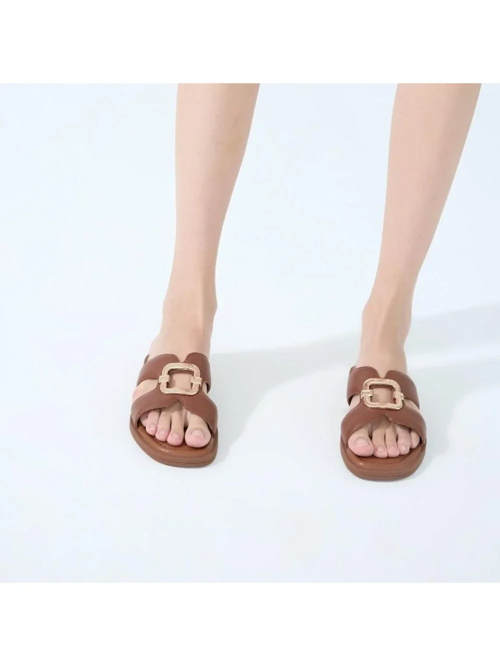 Women's Brown Square Toe Flat Sandals Slides Dressy Comfortable for Beach